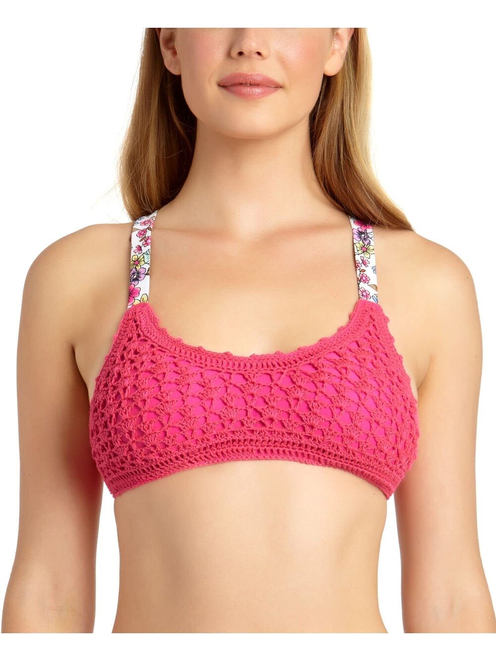 California Waves Womens Bralette Floral Swim Top Separates Pink M